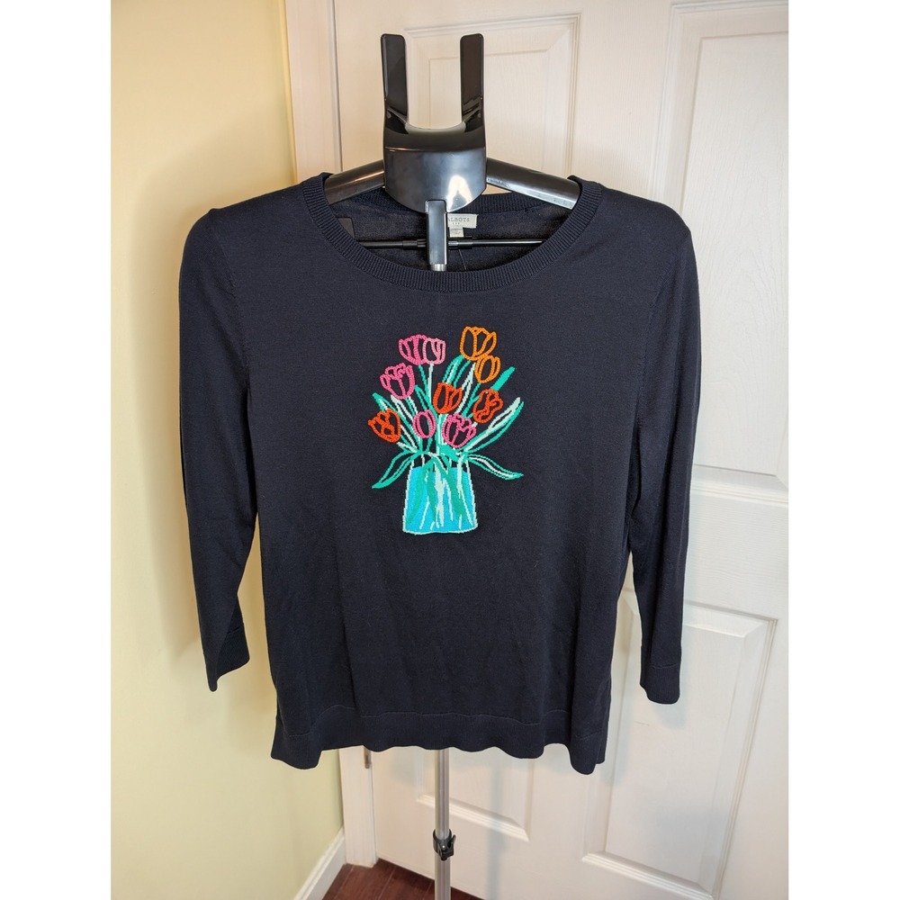 Talbots Tulip Embroidered Sweater Navy Blue 3/4 Sleeve Floral Knit NWT‎ - Size L